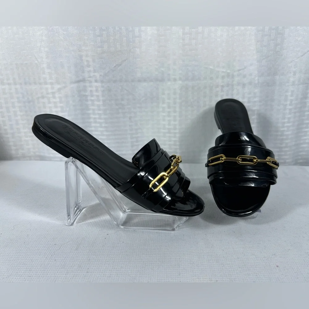 Burberry Coleford Black Patent Leather Chain Sandals EU 37